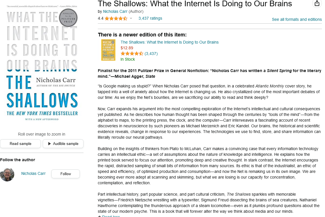 Screenshot 2024-06-12 at 15-48-05 The Shallows What the Internet Is Doing to Our Brains Carr Nicholas 9780393339758 Amazon.com Books